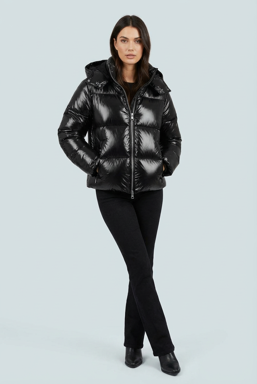 Women's Glossy Hooded Full-Zip Front Puffer Jacket