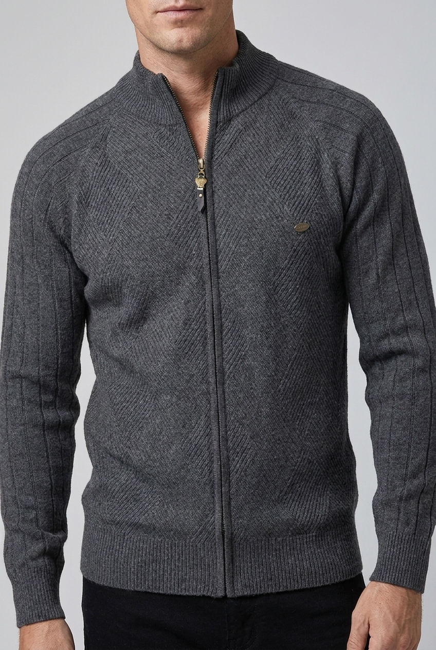 Textured Knit Stand Collar Zip Cardigan Men