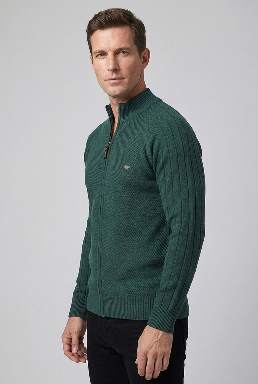 Textured Knit Stand Collar Zip Cardigan Men