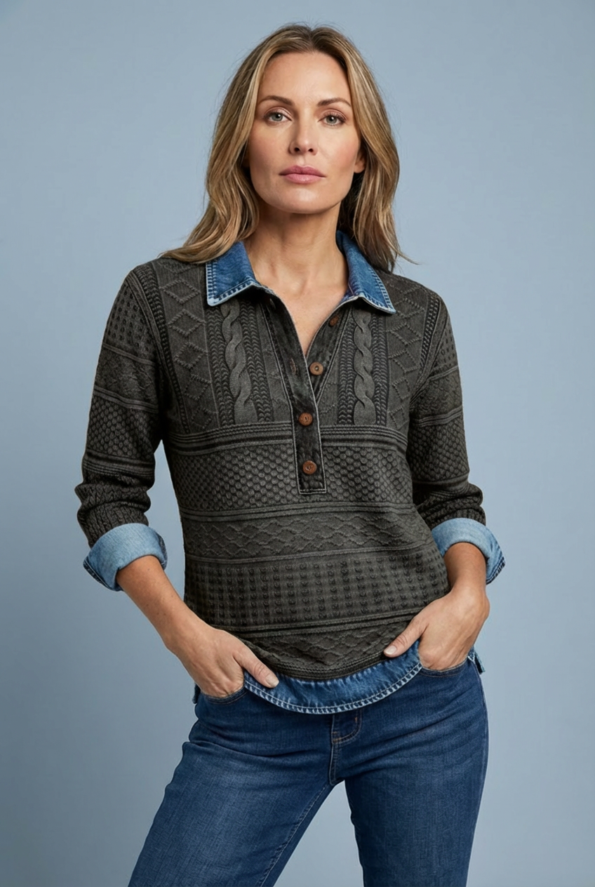 Collared Cable Denim Style Long Sleeve Sweatshirt Women