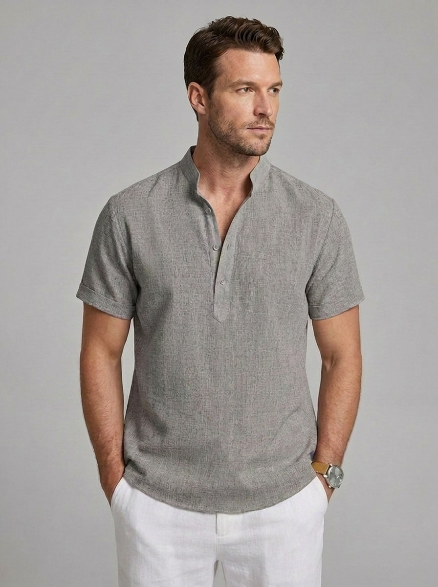 Linen Style Short Sleeve Henley Comfortable Shirt Men