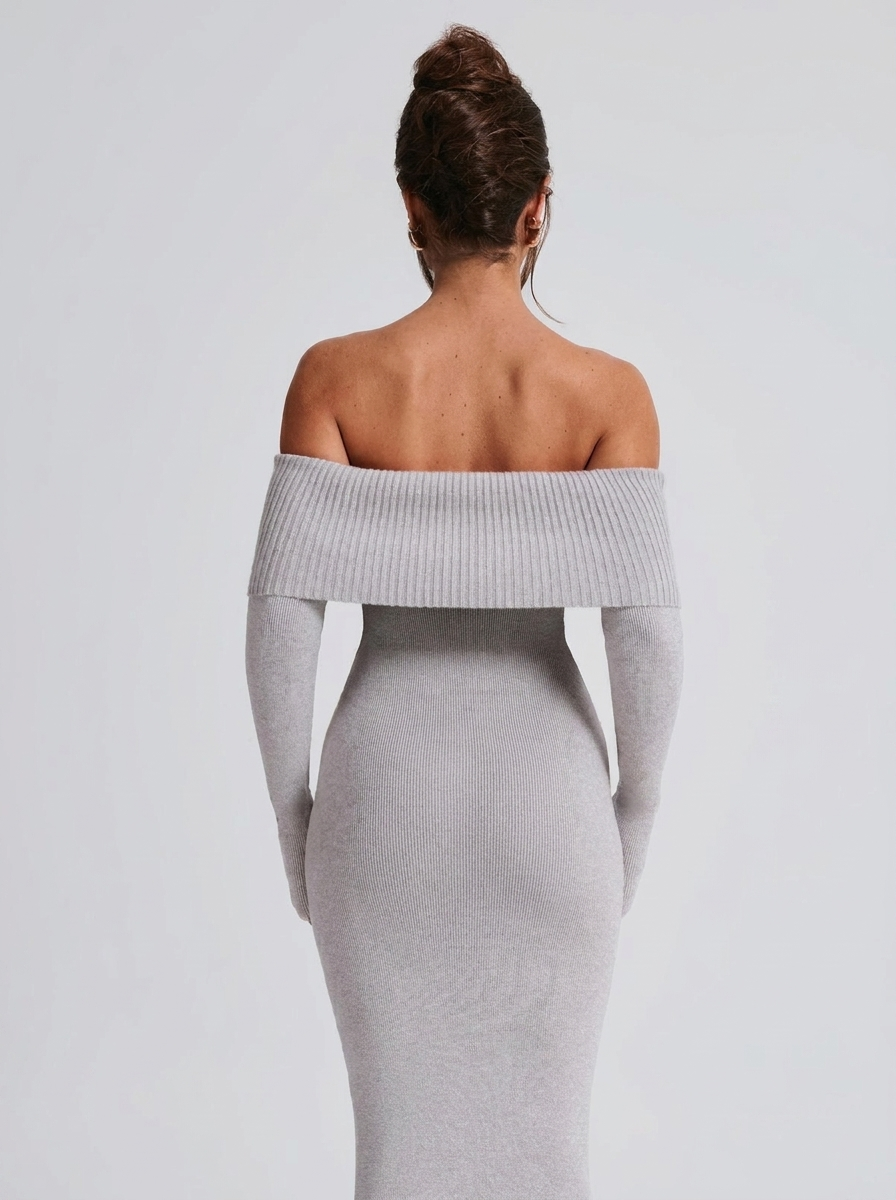 Off Shoulder Knitted Style Long Sleeve Maxi Dress