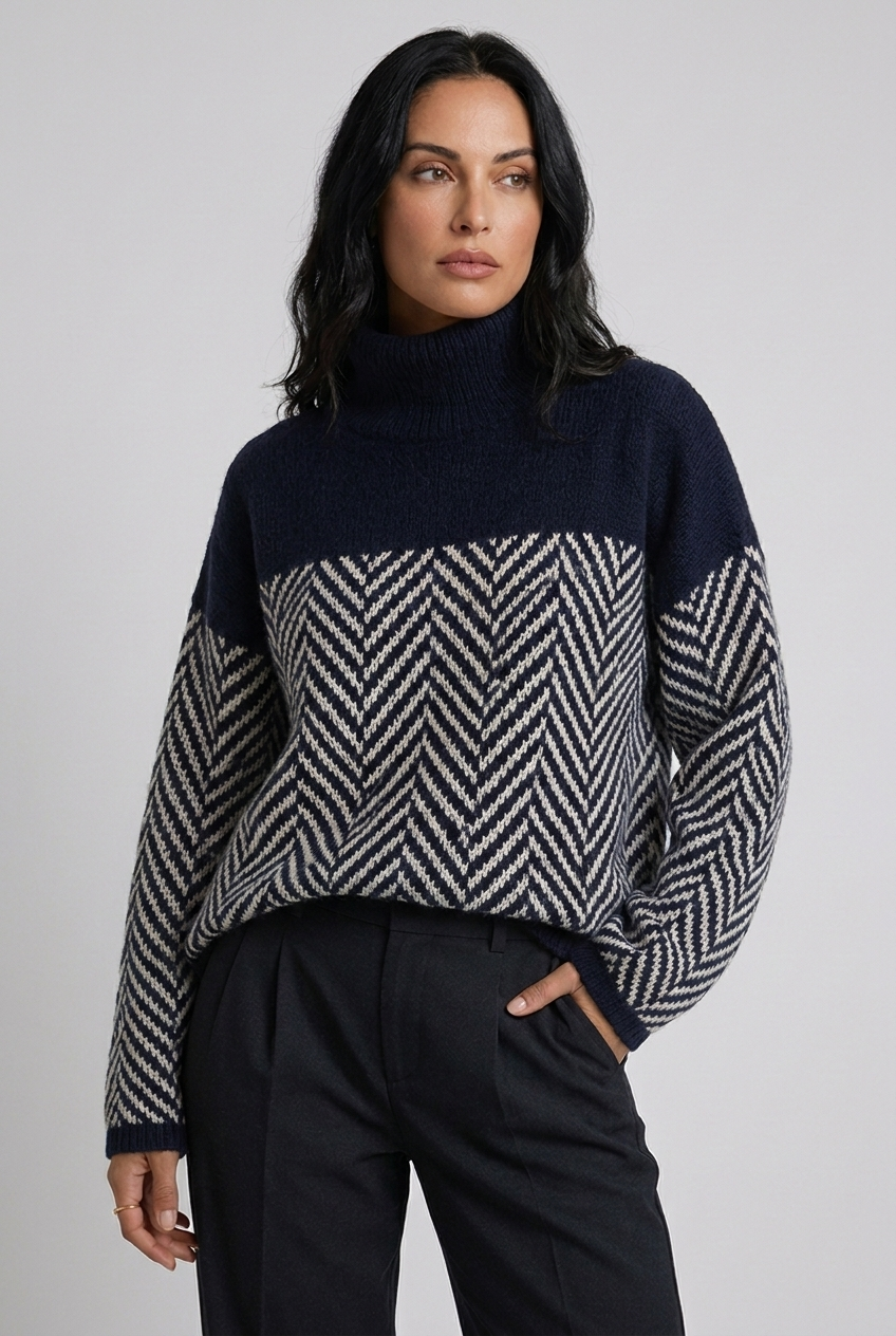 Herringbone Two-Tone Turtleneck Oversized Knit Jumper Women