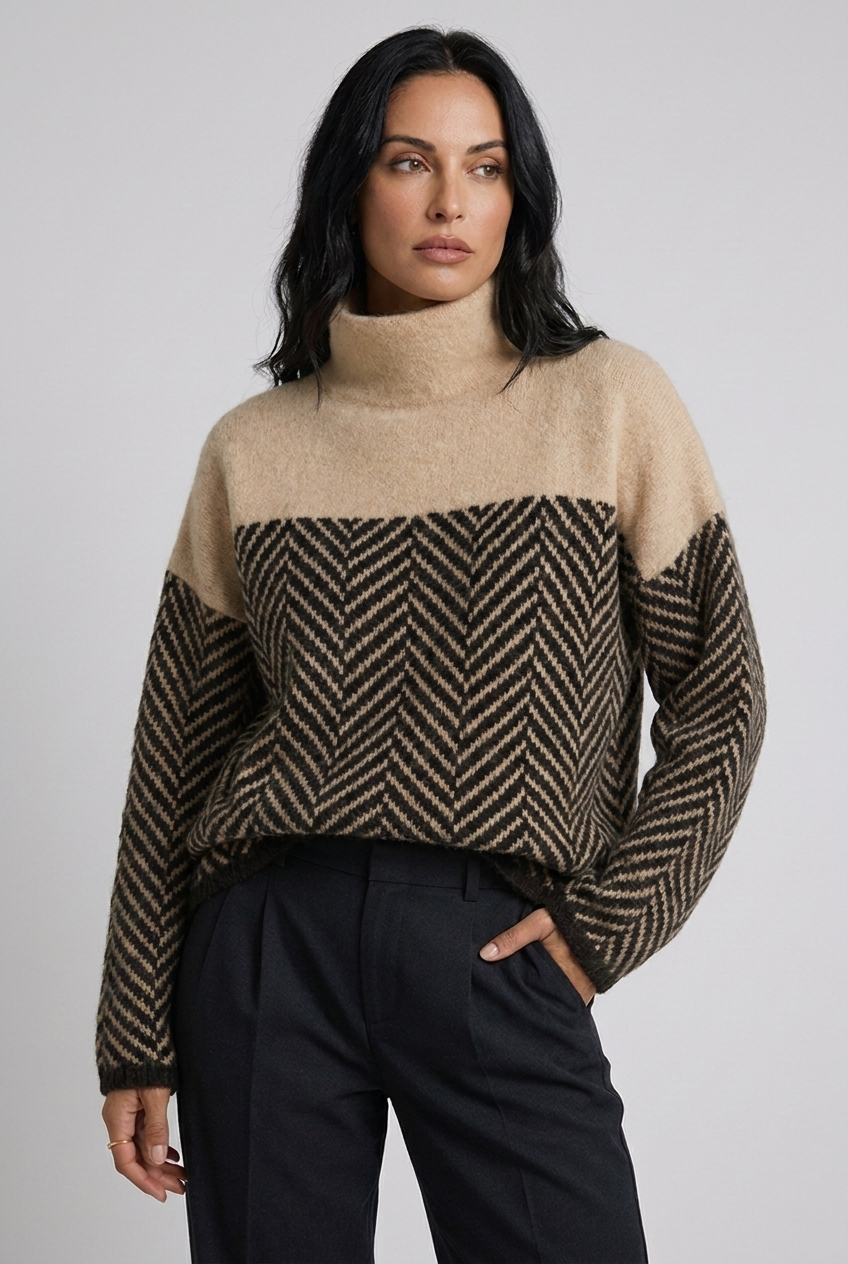 Herringbone Two-Tone Turtleneck Oversized Knit Jumper Women