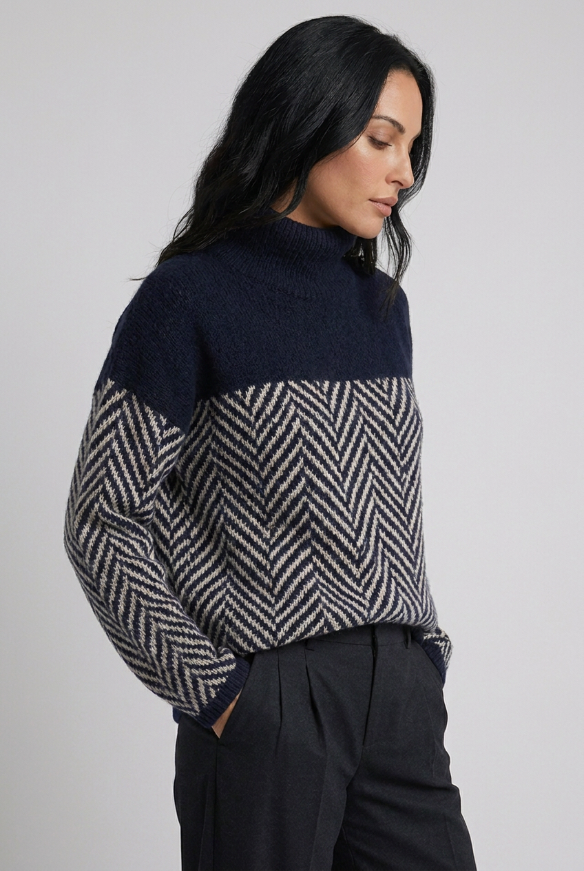 Herringbone Two-Tone Turtleneck Oversized Knit Jumper Women