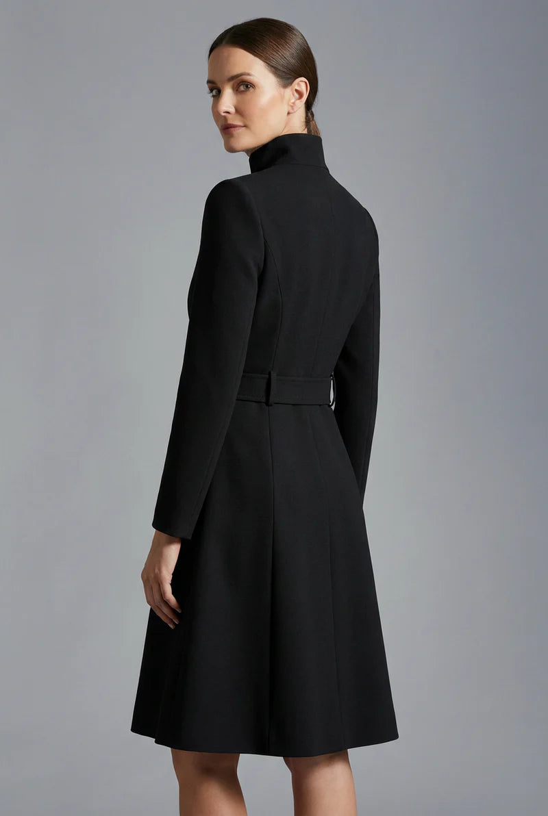 Women's High Neck Asymmetric Front Belted Midi Dress