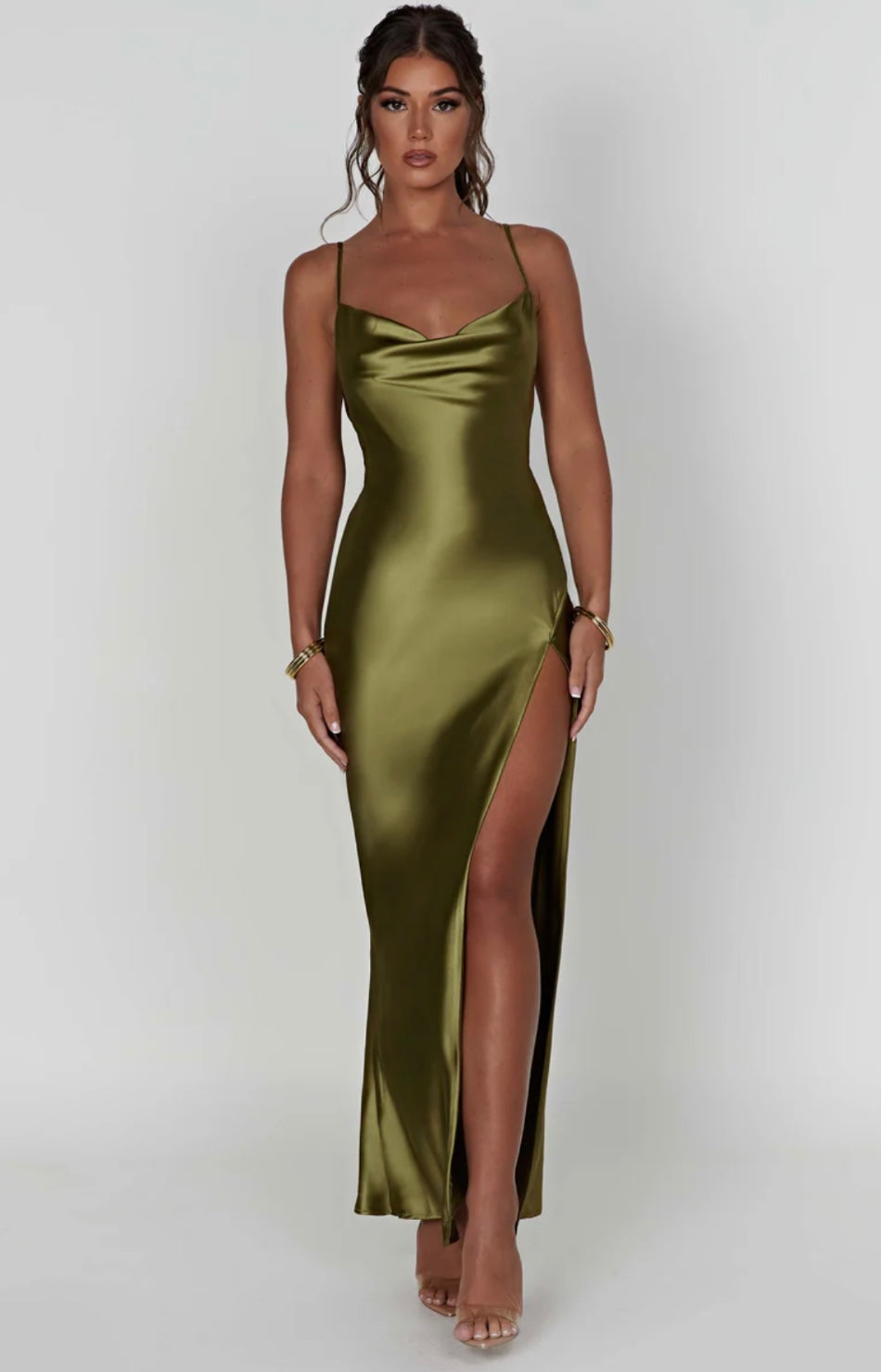 Cowl Neck Satin Style Strappy Split Occasion Maxi Dress