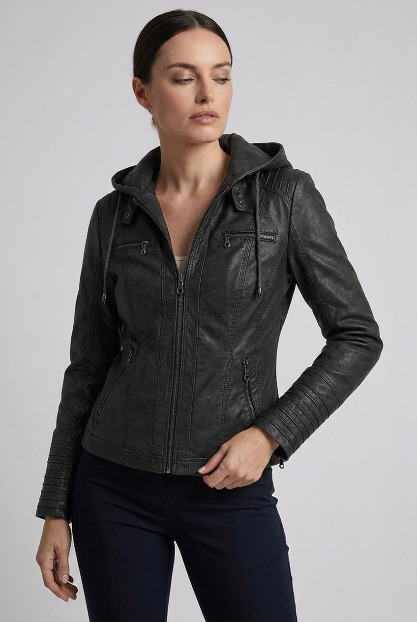 Hooded Faux Leather Style Jacket With Zip Pockets Women