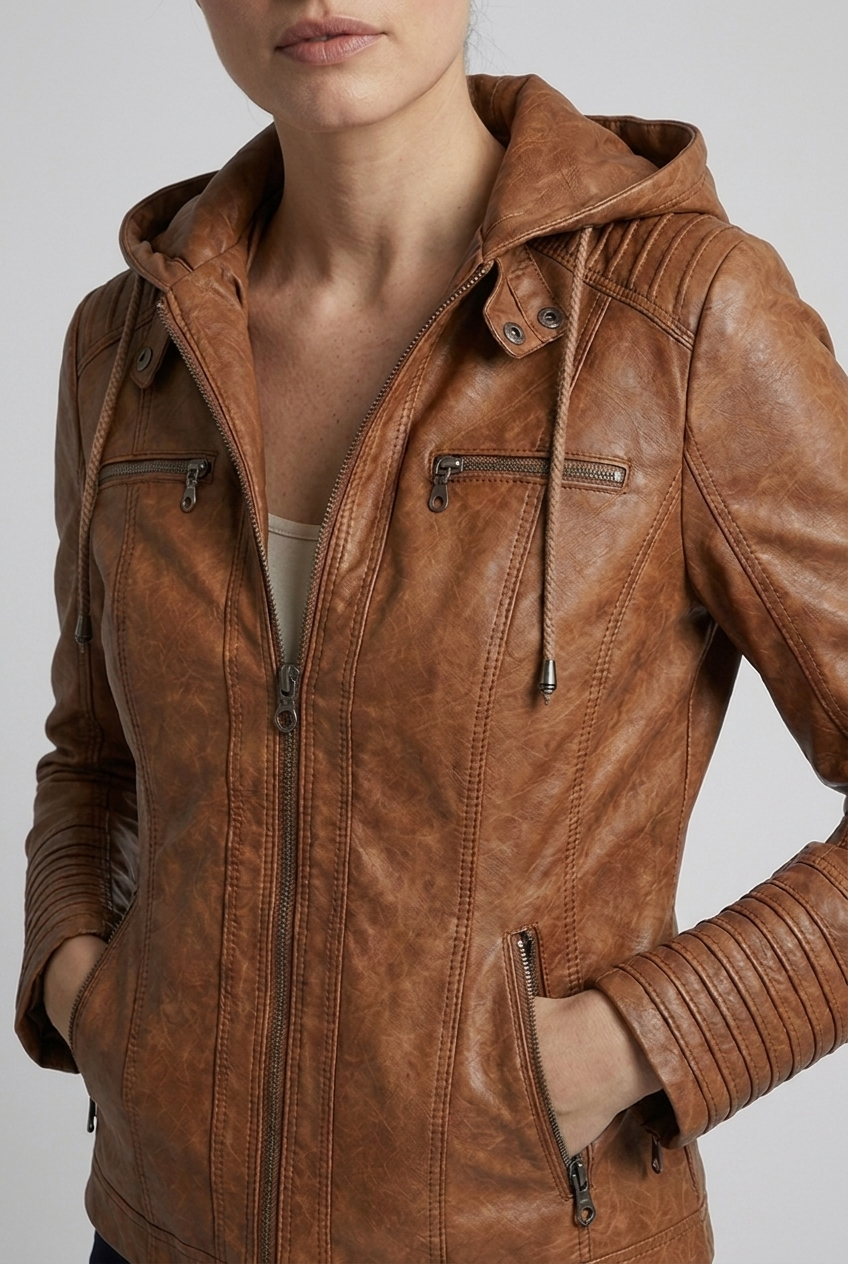 Hooded Faux Leather Style Jacket With Zip Pockets Women