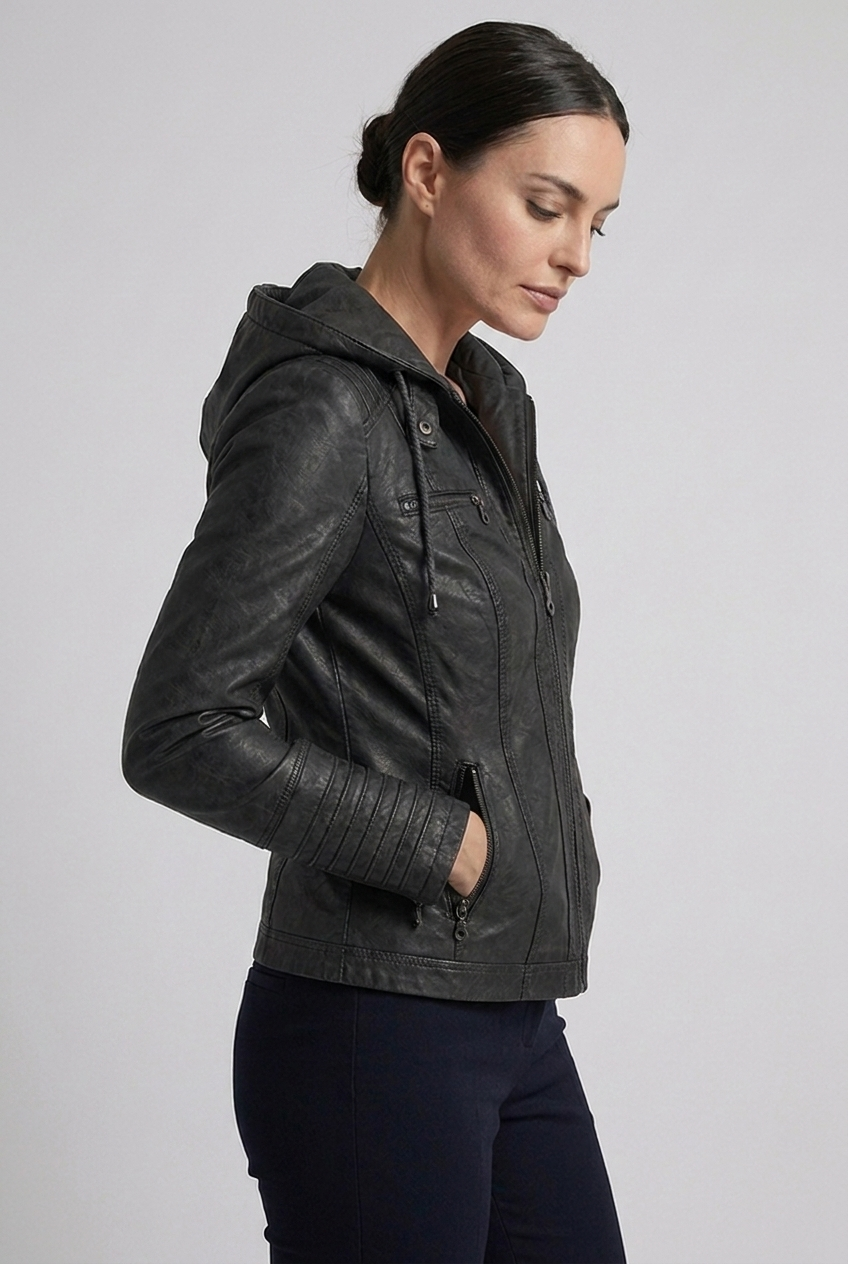 Hooded Faux Leather Style Jacket With Zip Pockets Women