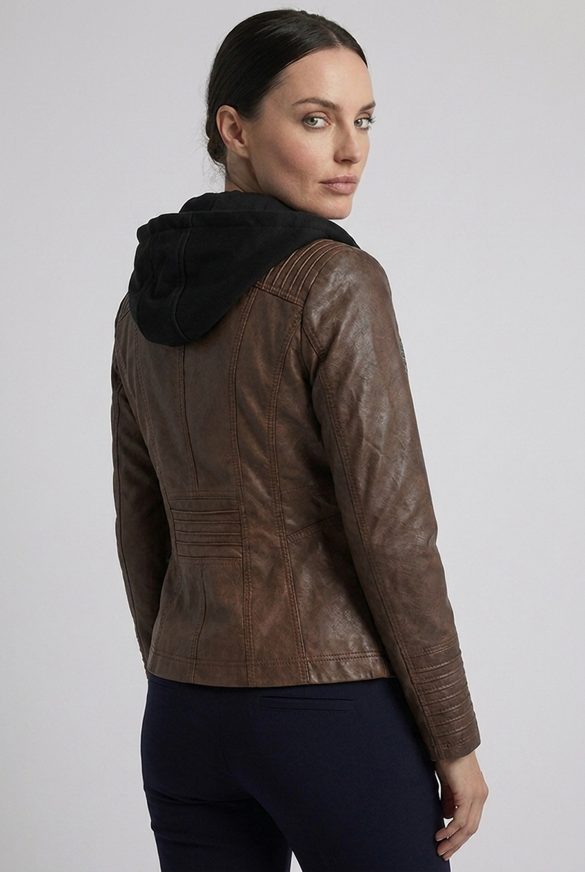 Hooded Faux Leather Style Jacket With Zip Pockets Women