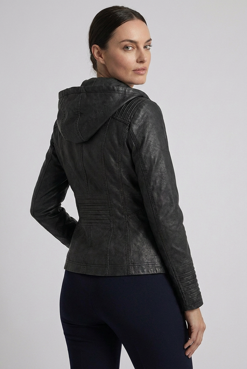 Hooded Faux Leather Style Jacket With Zip Pockets Women