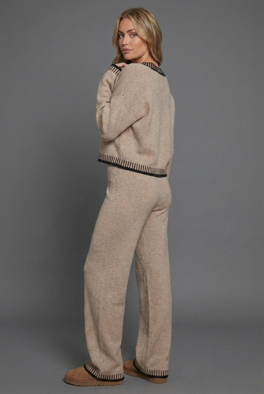 Contrast Trim Knit Style Cardigan Wide Leg Co Ord Set