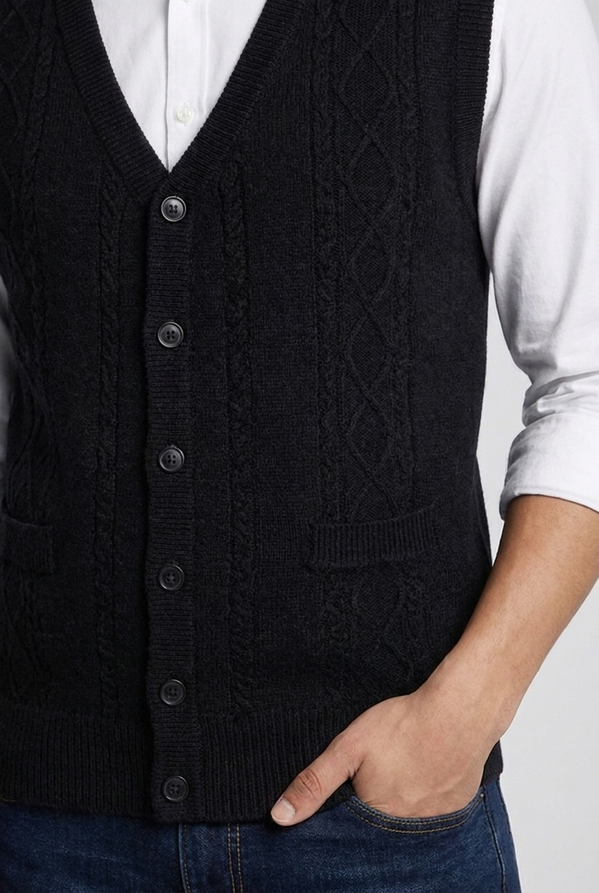 Black Knit Style Sleeveless Open Front Cardigan Vest Men