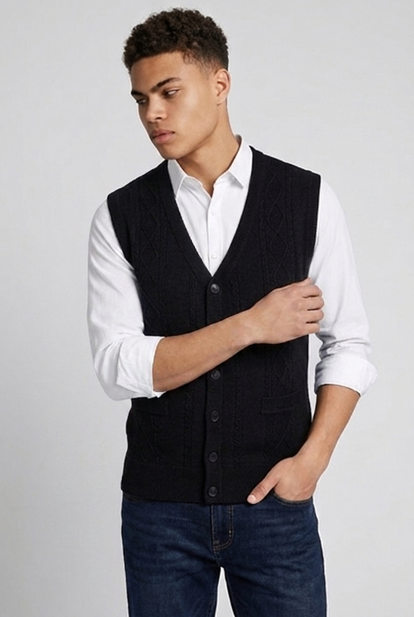 Black Knit Style Sleeveless Open Front Cardigan Vest Men