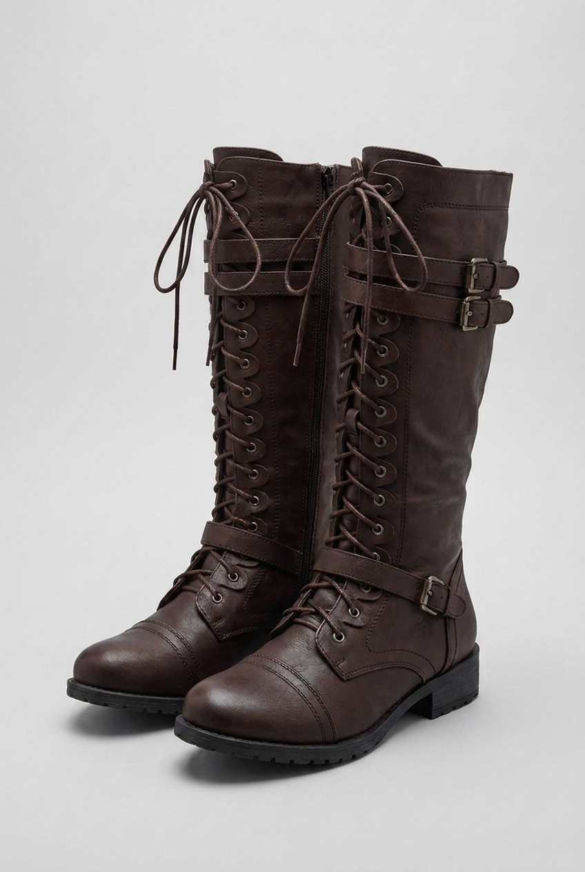 Lace-Up Buckle Knee High Combat Boots Women