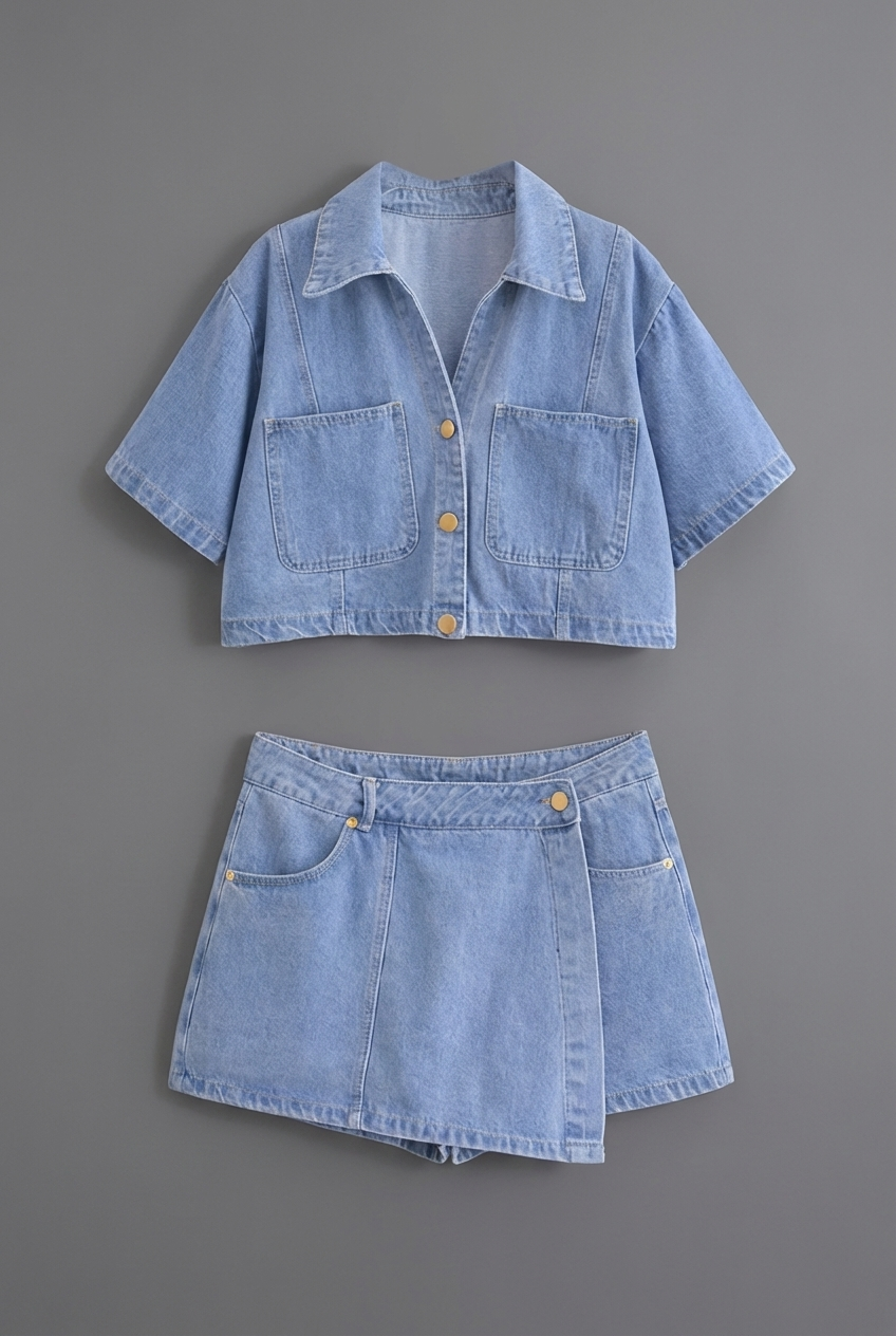 Denim Style Cropped Shirt Mini Skirt Co-Ord Set