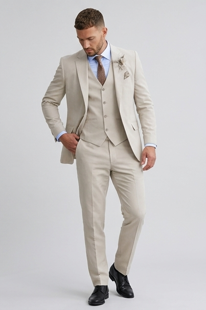Linen Three Piece Tailored Suit With Waistcoat Men