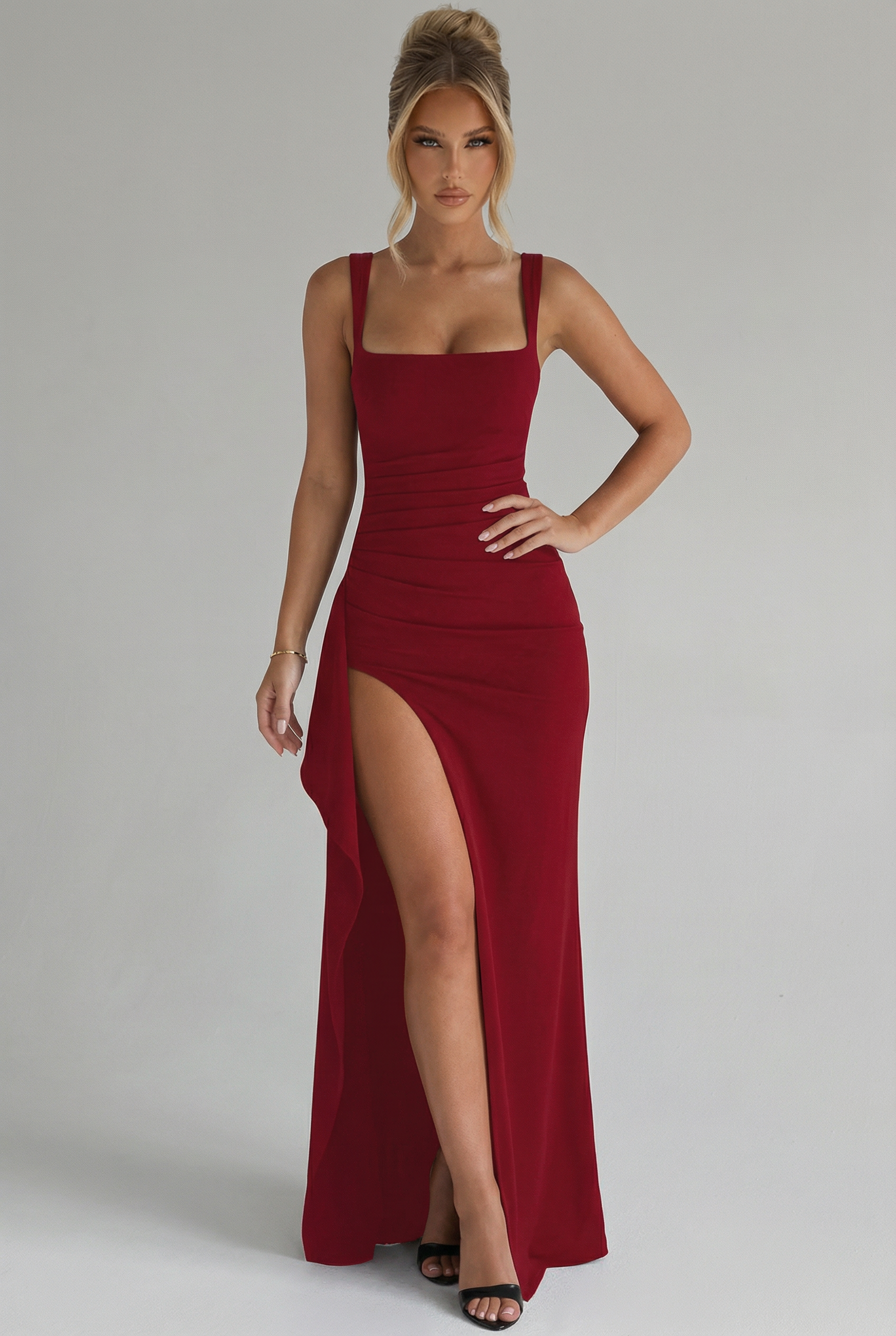 Women’s Elegant Bodycon Slip Maxi Dress with Leg Split and Open Back