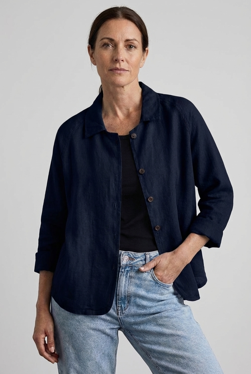 Linen Style Button Through Relaxed Casual Blouse Women