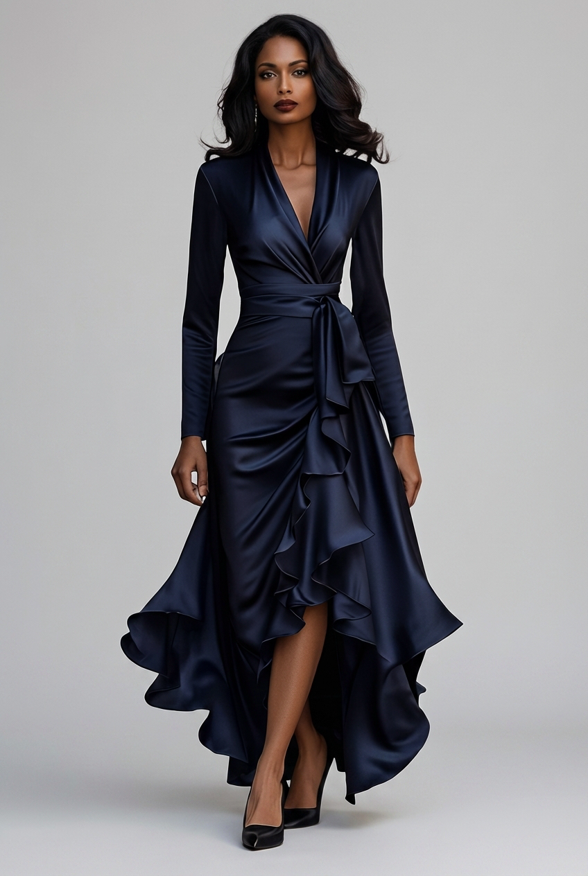 Elegant Long Sleeve Wrap Satin Style Elegant Wedding Guest Dress