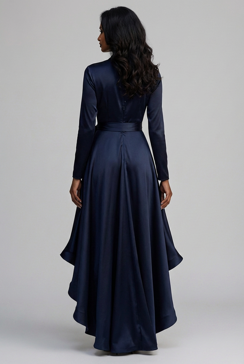 Elegant Long Sleeve Wrap Satin Style Elegant Wedding Guest Dress