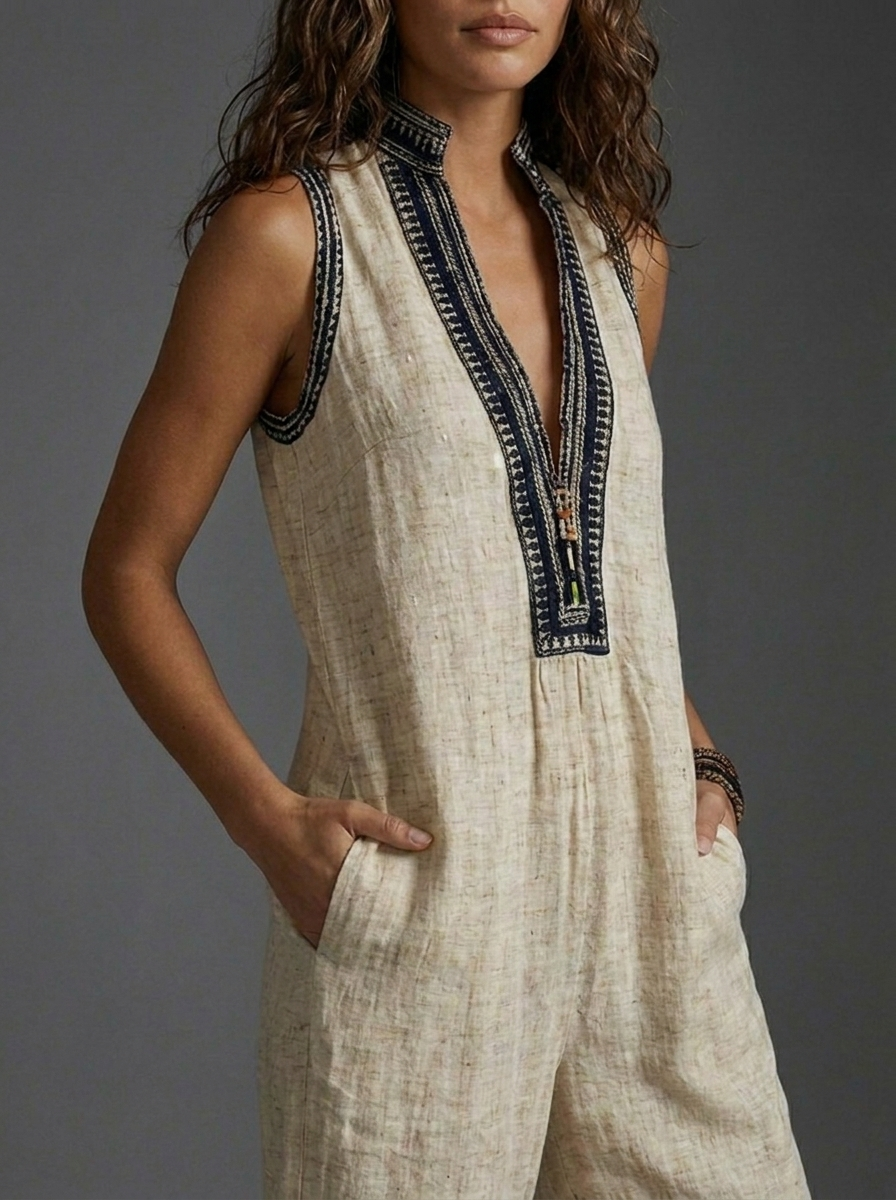 Sleeveless Embroidered V-Neck Wide Leg Boho Jumpsuit