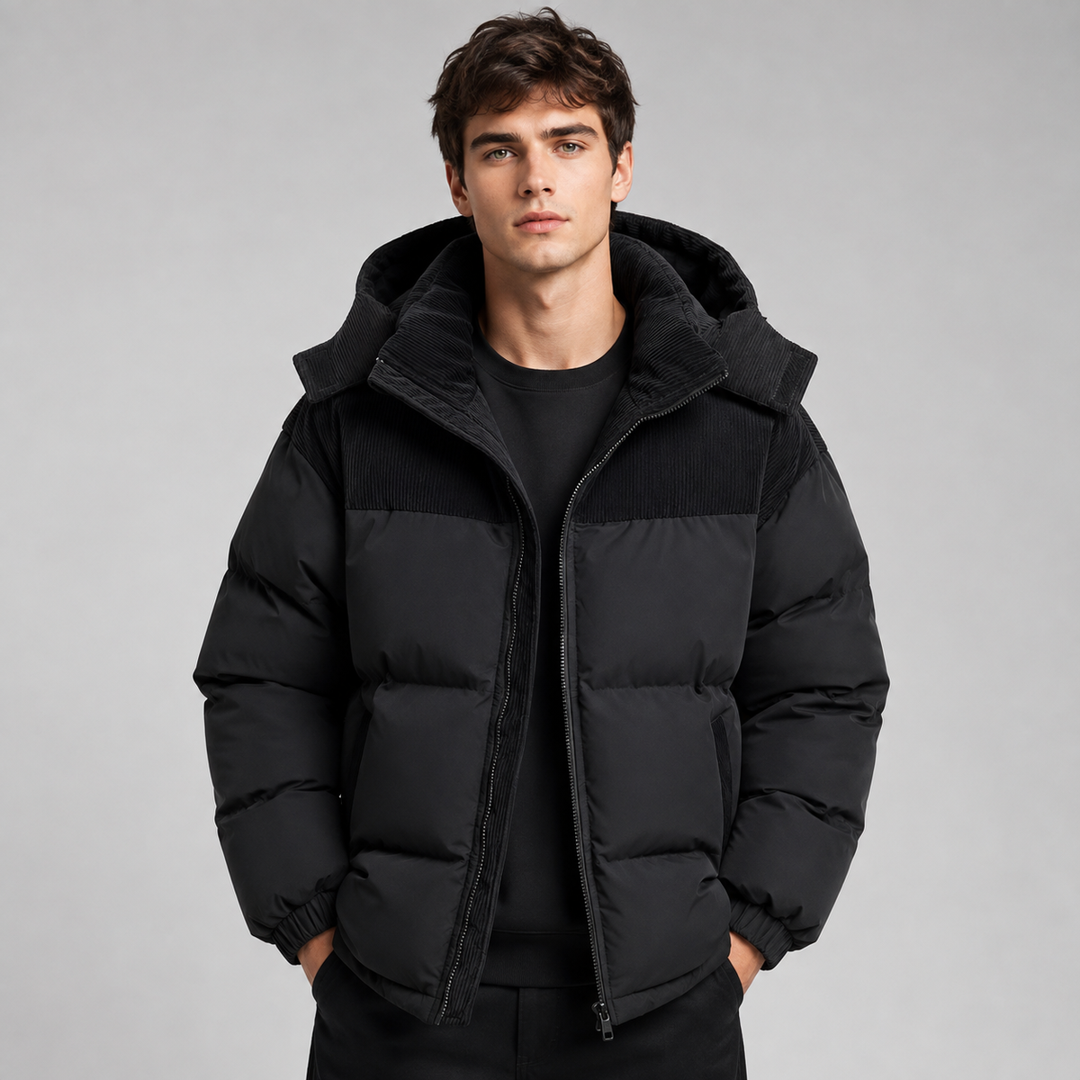 Oversized Hooded Padded Full Zip Puffer Jacket Men