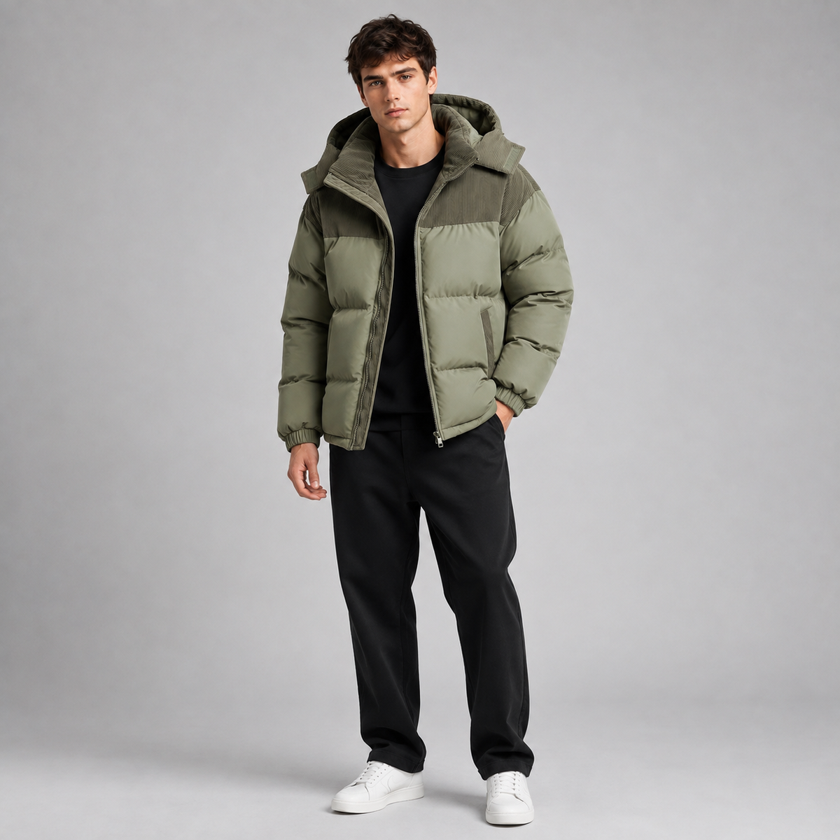 Oversized Hooded Padded Full Zip Puffer Jacket Men