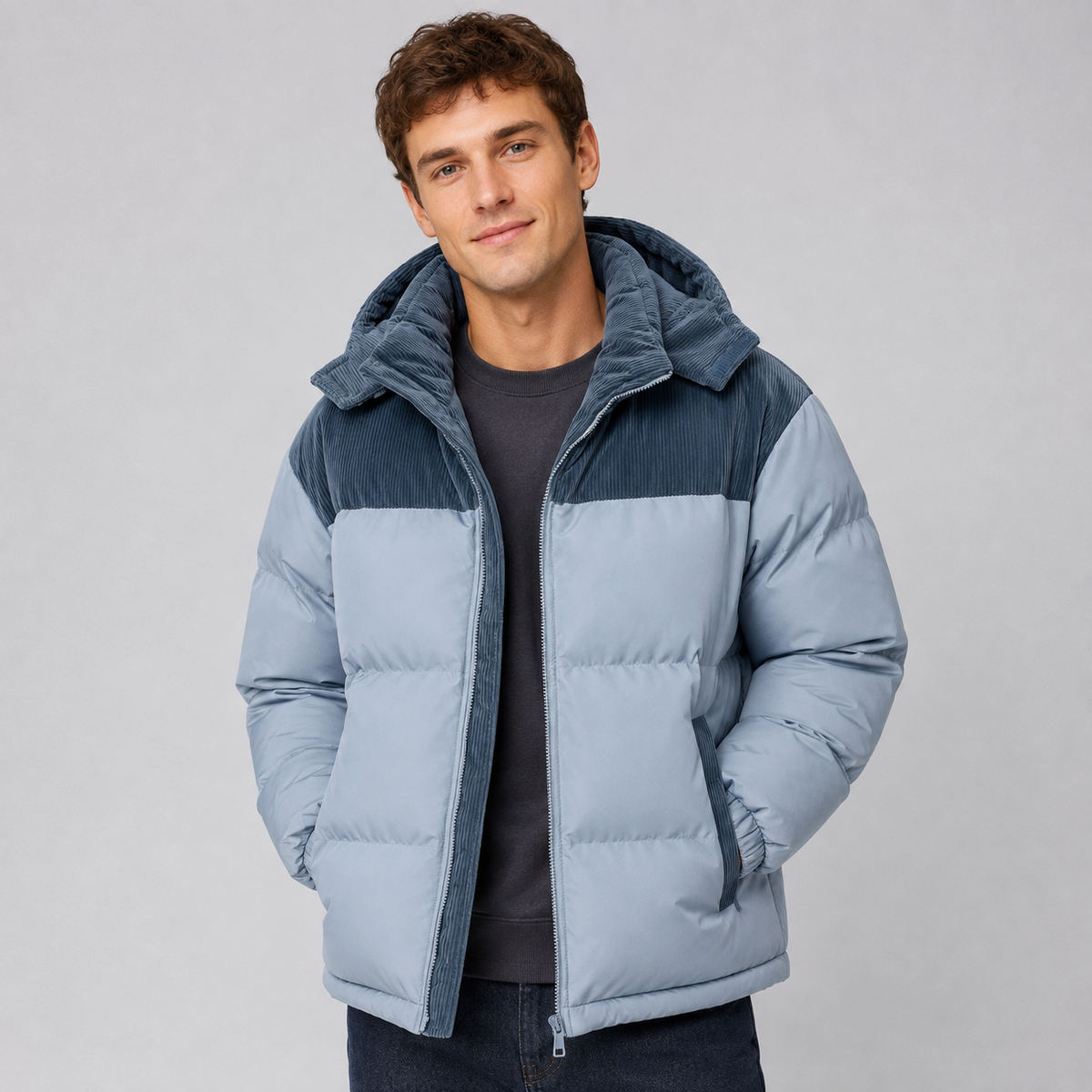 Oversized Hooded Padded Full Zip Puffer Jacket Men