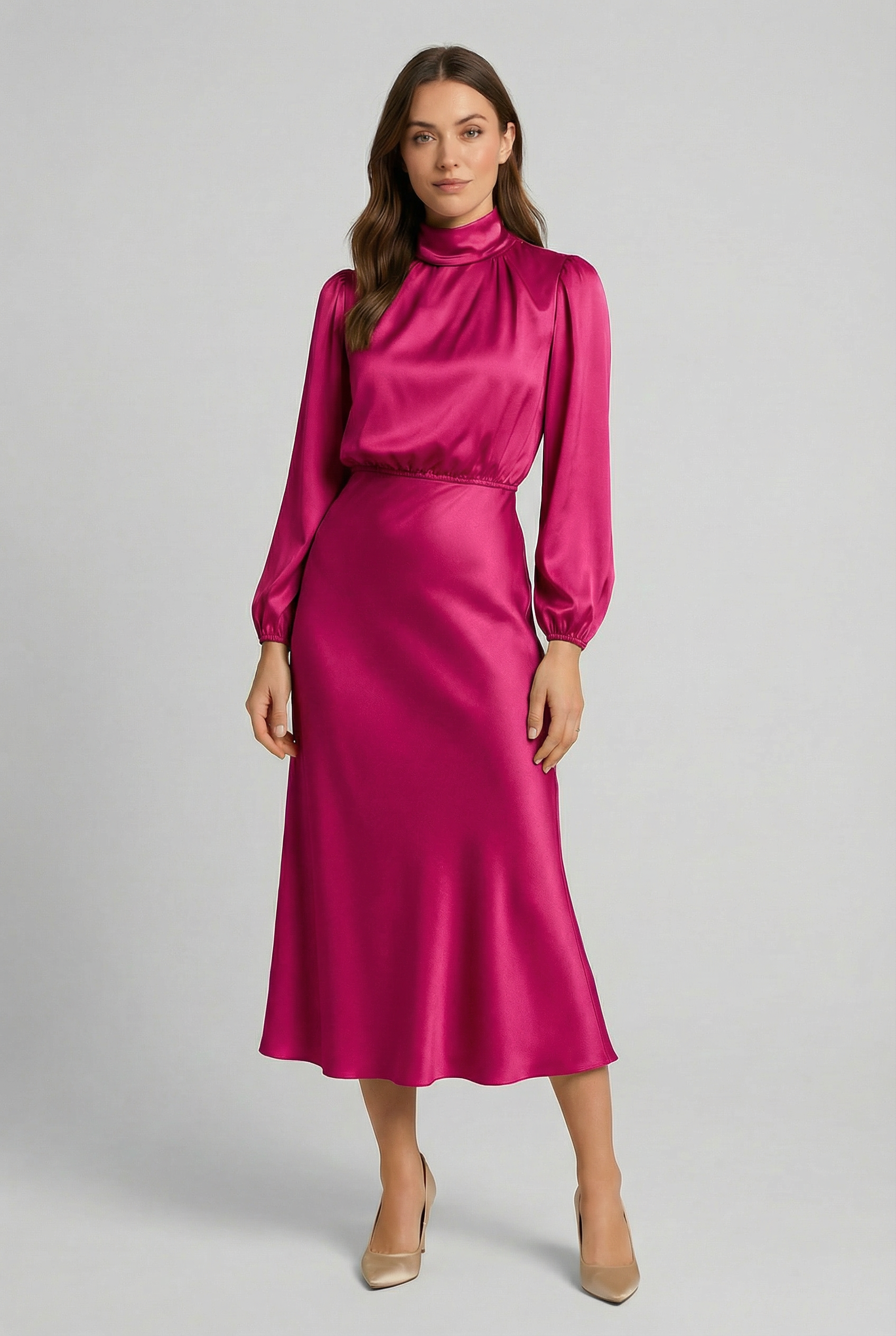 Women's Elegant High-Waist Satin Midi Dress