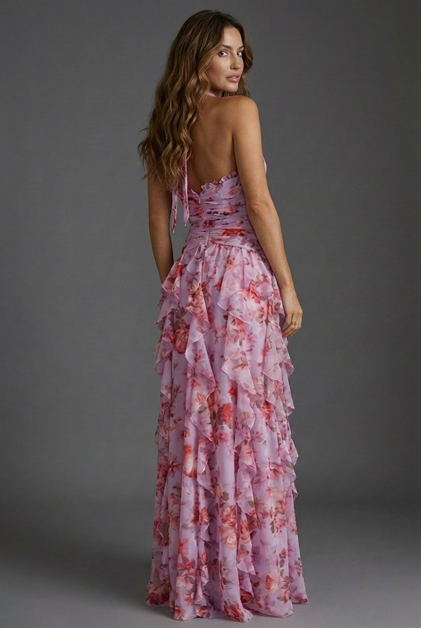 Floral Print Halterneck Ruffle Chiffon Style Ascot Maxi Dress