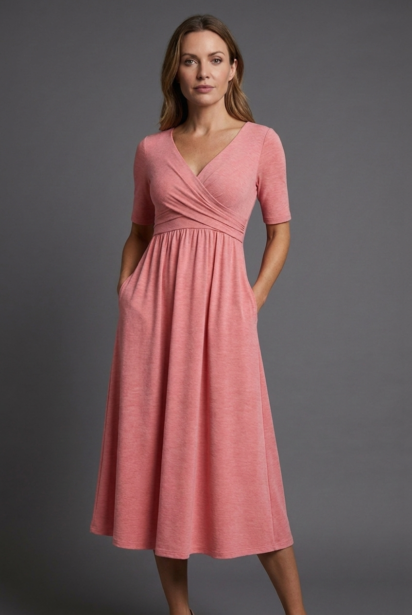 V Neck Wrap Front Short Sleeve Pockets Midi Dress Women