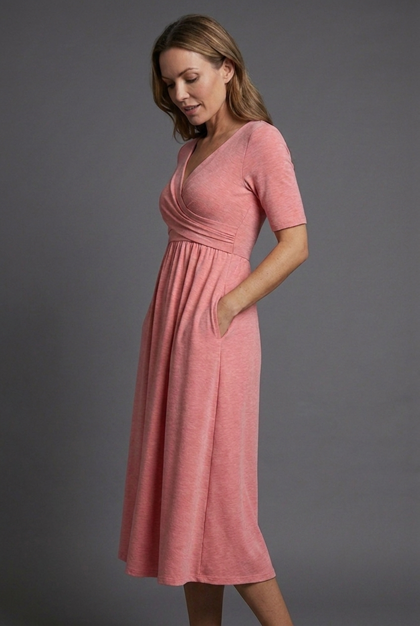 V Neck Wrap Front Short Sleeve Pockets Midi Dress Women