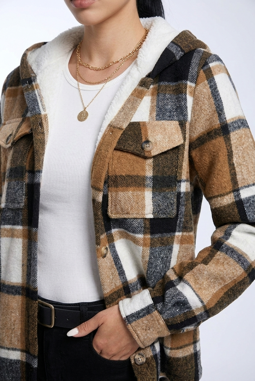 Plaid Fleece Lined Hooded Pocket Jacket Women