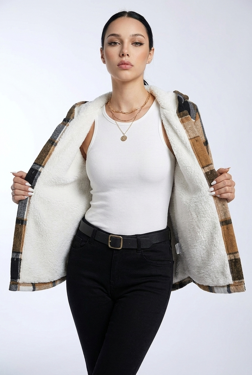 Plaid Fleece Lined Hooded Pocket Jacket Women