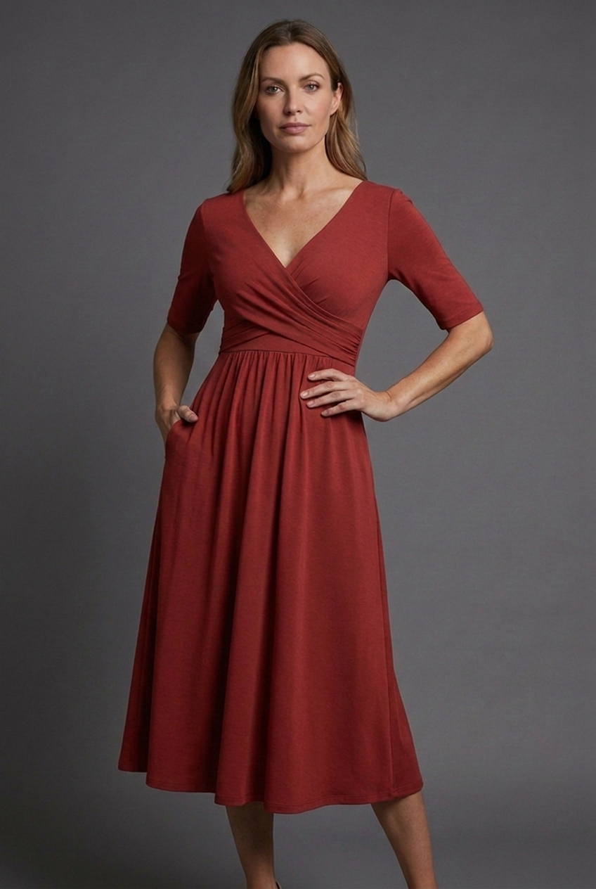 V Neck Wrap Front Short Sleeve Pockets Midi Dress Women
