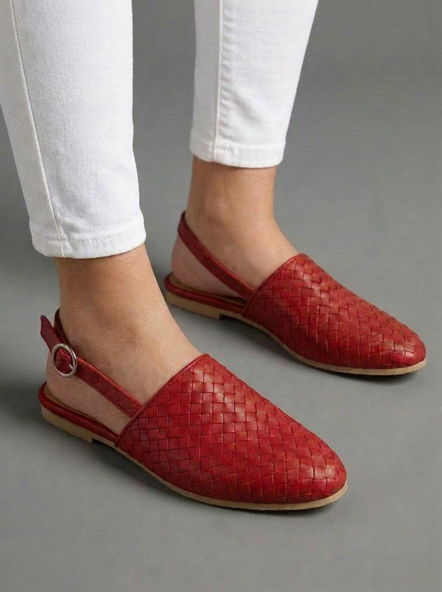 Woven Pointed Toe Leather Style Flat Mules Women