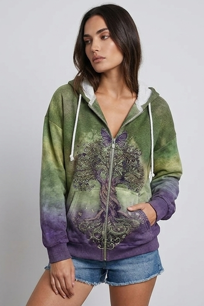 Relaxed Fit Nature Print Zip-Up Fleece Hoodie Women
