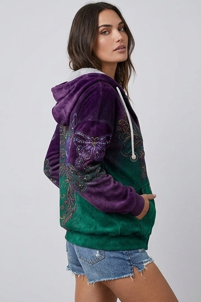 Relaxed Fit Nature Print Zip-Up Fleece Hoodie Women