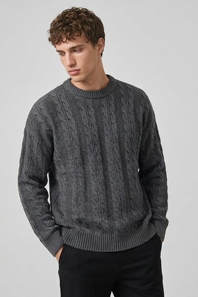 Cable Knit Style Ribbed Crew Neck Jumper