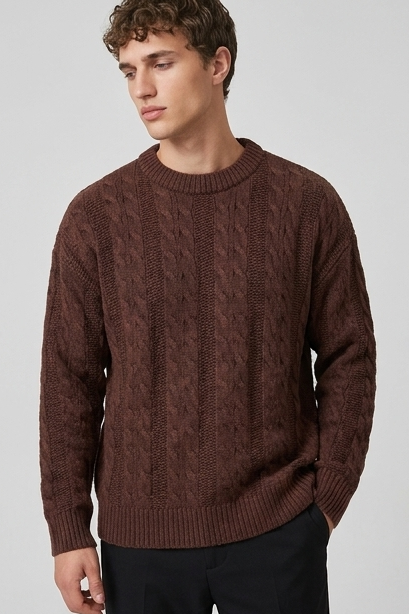 Cable Knit Style Ribbed Crew Neck Jumper