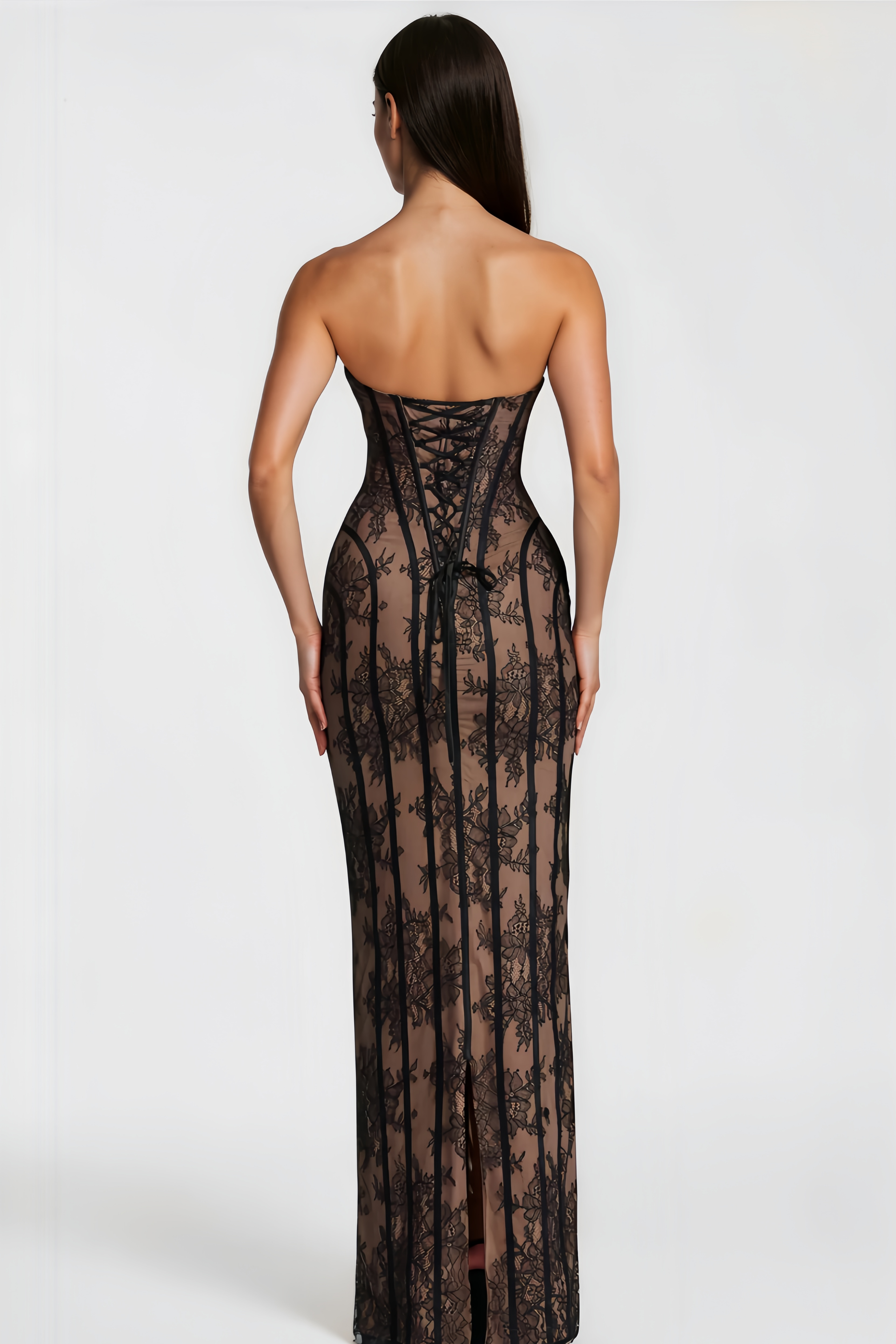 Black Lace Strapless Corset Bodycon Occasion Maxi Dress