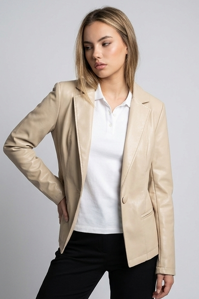 Sculpted Leather Style Blazer With Notched Lapels Women