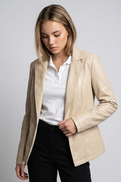 Sculpted Leather Style Blazer With Notched Lapels Women