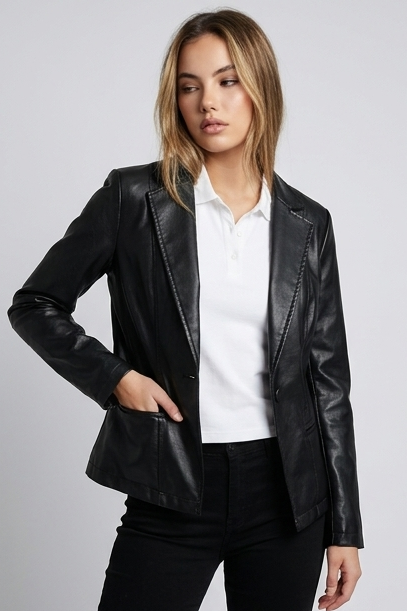 Sculpted Leather Style Blazer With Notched Lapels Women
