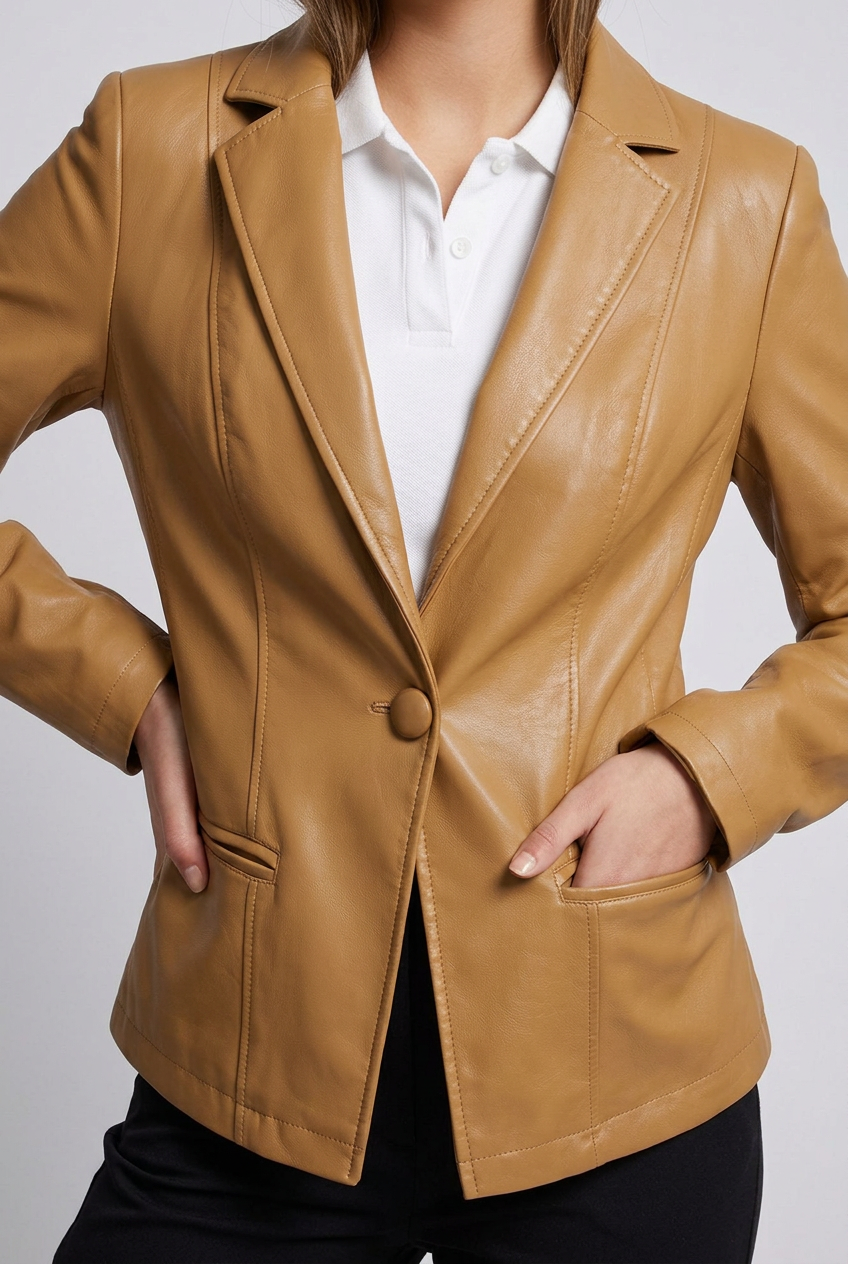 Sculpted Leather Style Blazer With Notched Lapels Women
