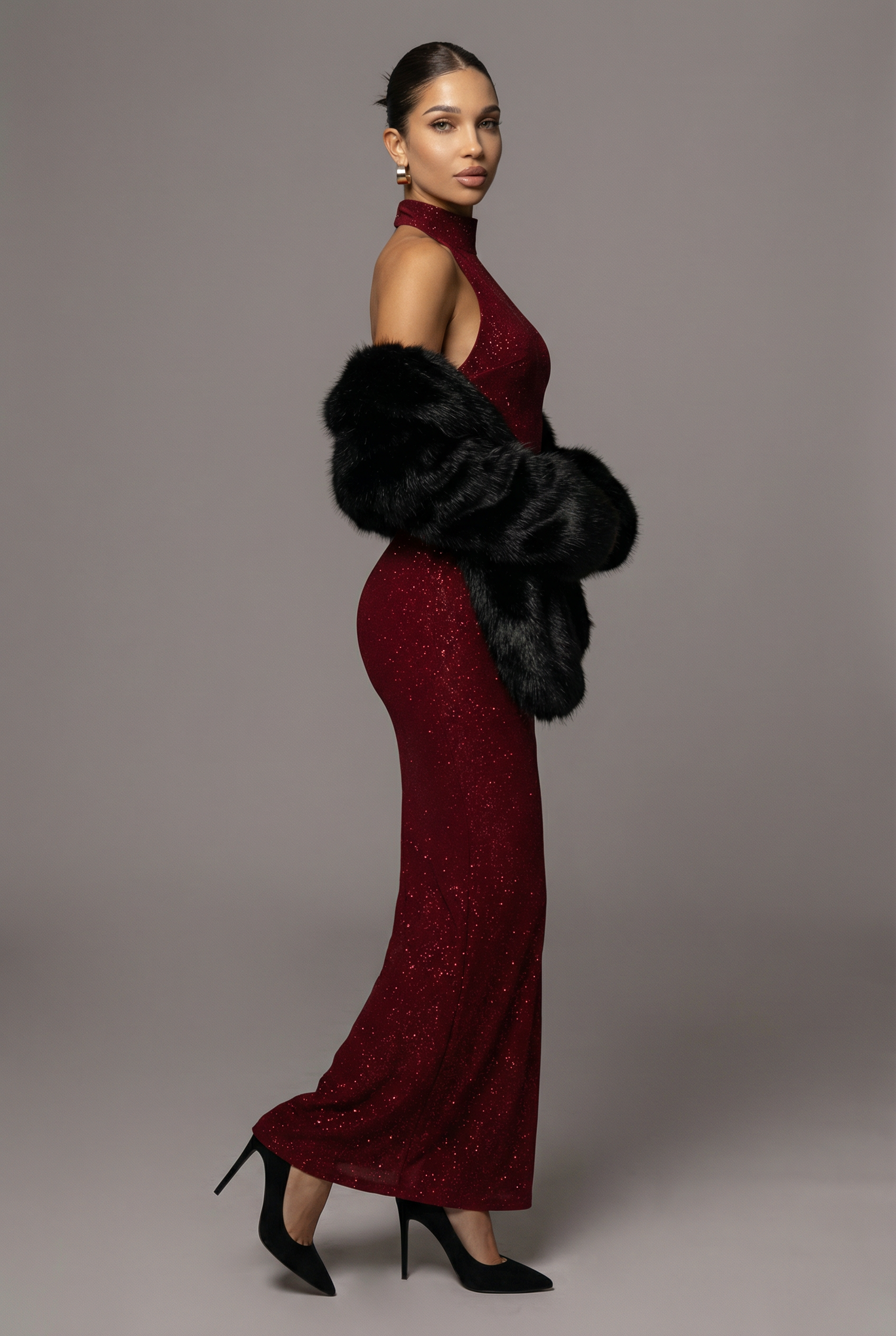 Women’s Wine Red Shimmering Glitter High-Neck Sparkle Maxi Dress