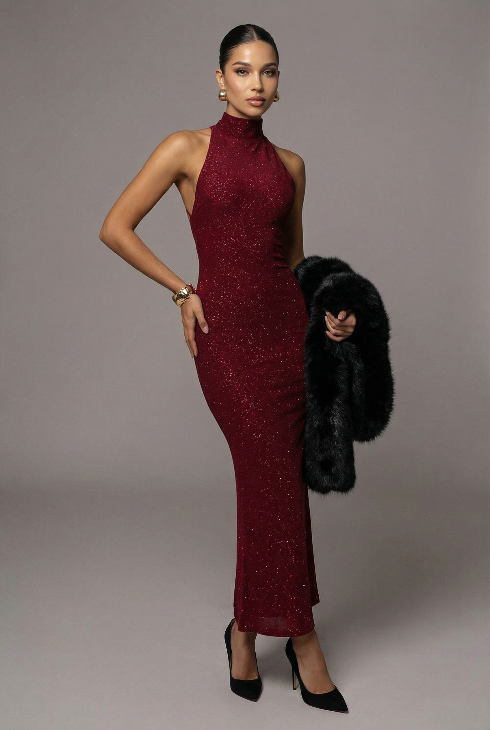 Women’s Wine Red Shimmering Glitter High-Neck Sparkle Maxi Dress