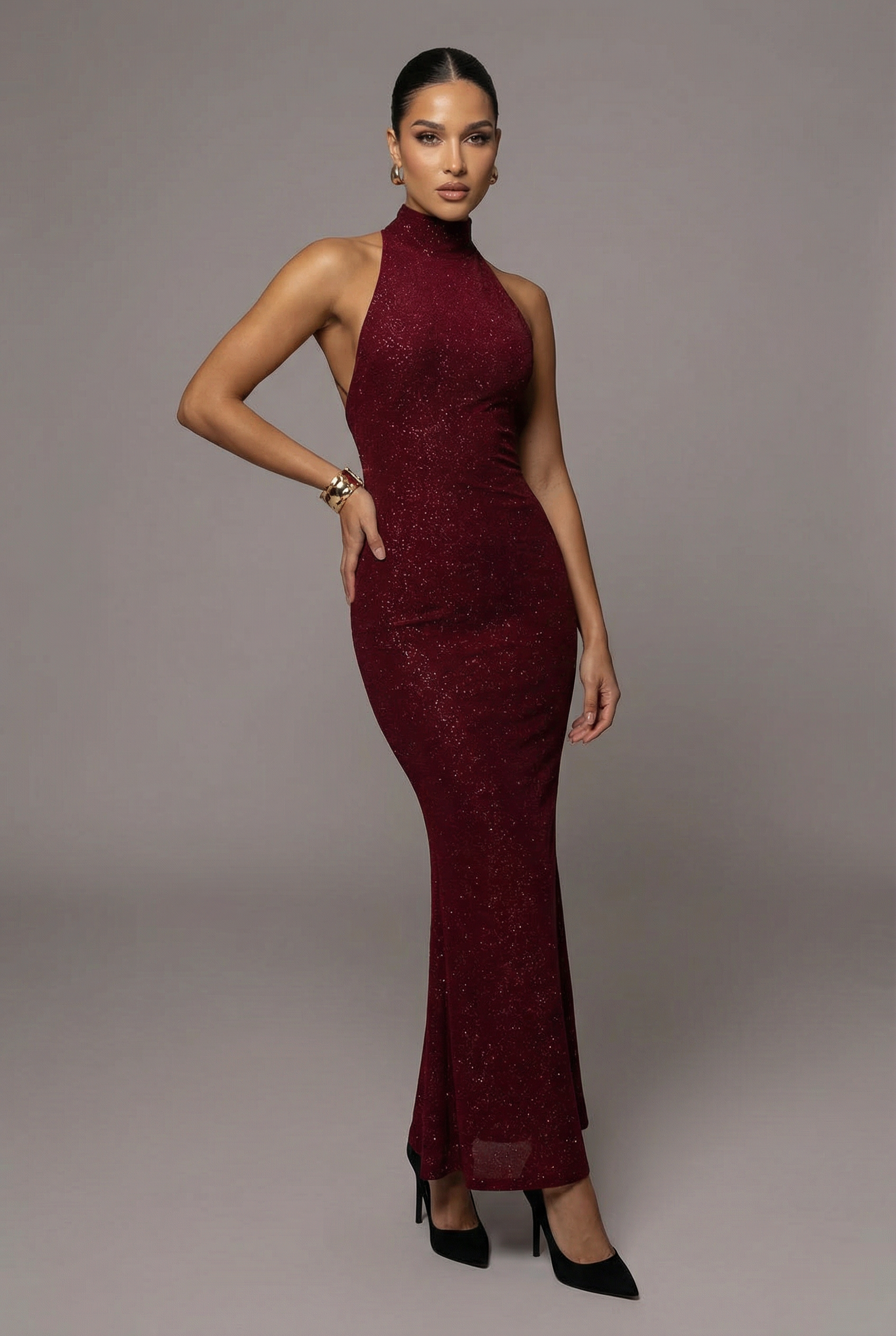 Women’s Wine Red Shimmering Glitter High-Neck Sparkle Maxi Dress